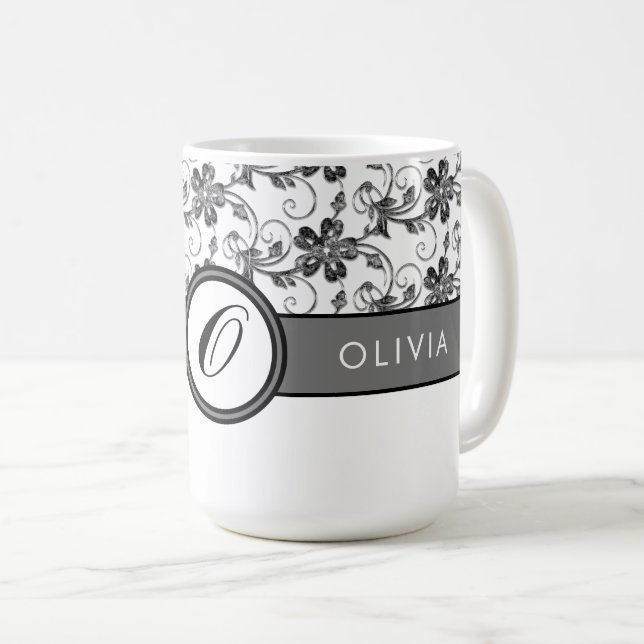 Elegant Monogram och Blommönster Black Kaffemugg (Framsida höger)