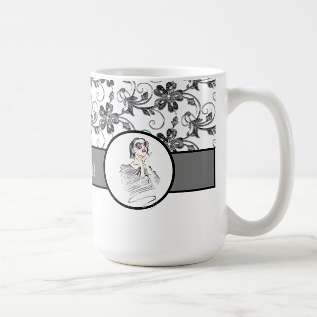 Elegant Monogram och Blommönster Kaffemugg (Höger)