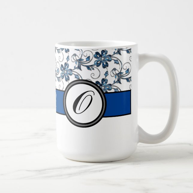 Elegant Monogram och Blommönster Navy Blue Kaffemugg (Höger)