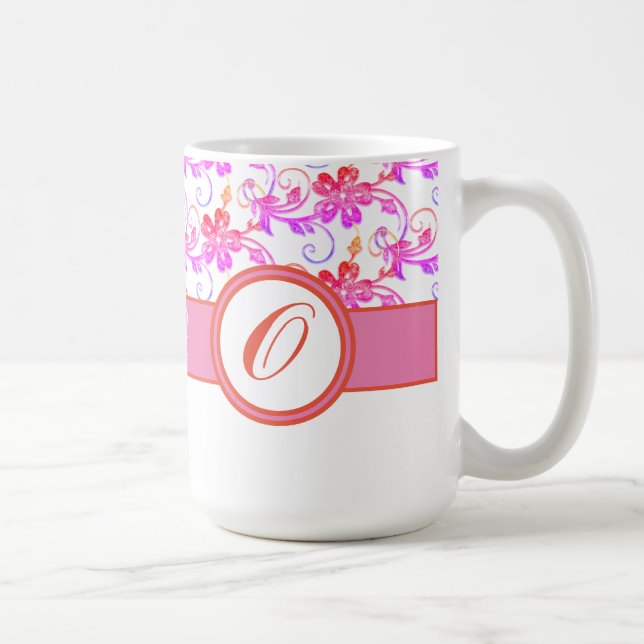 Elegant Monogram och Blommönstrets Rosa Kaffemugg (Höger)