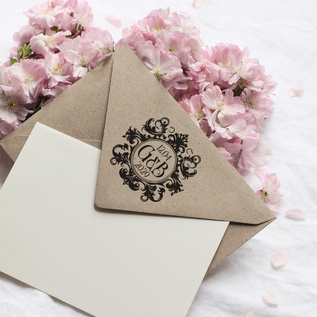 Elegant Monogram och Bröllop Rubber Frimärke Stämpel (elegant monogram stamp with custom initials and date)