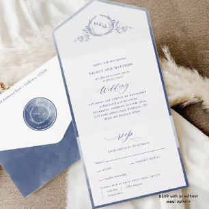 Elegant Monogram och marinblå vattenfärg Bröllop