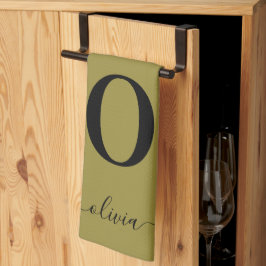 Elegant monogram och personligt namn i guld och sv kökshandduk