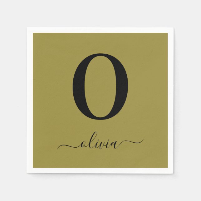 Elegant monogram och personligt namn i guld och sv pappersservett (Framsidan)