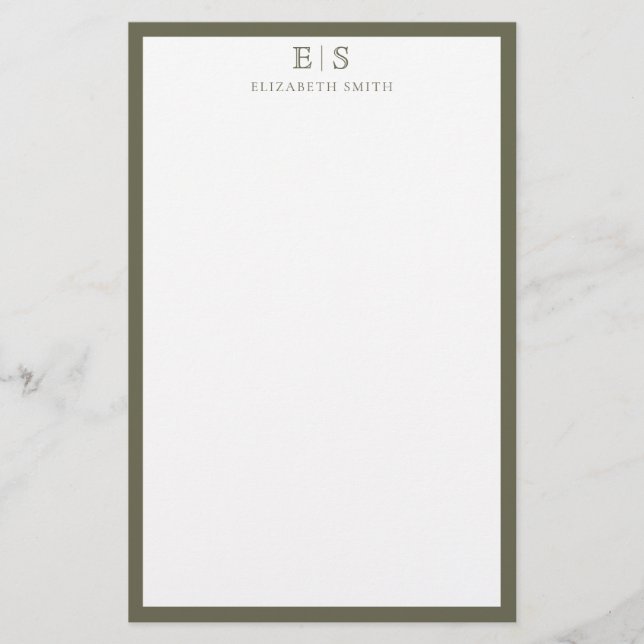 Elegant Monogram Olive Green Border Brevpapper (Framsida)