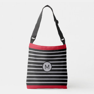 Elegant Monogram på Black, Red & Silver Stripe Axelväska