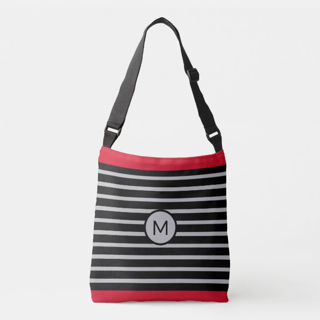 Elegant Monogram på Black, Red & Silver Stripe Axelväska (Framsida)