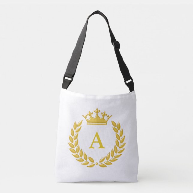 Elegant monogram på gyllene krona & lager på vit axelväska (Framsida)