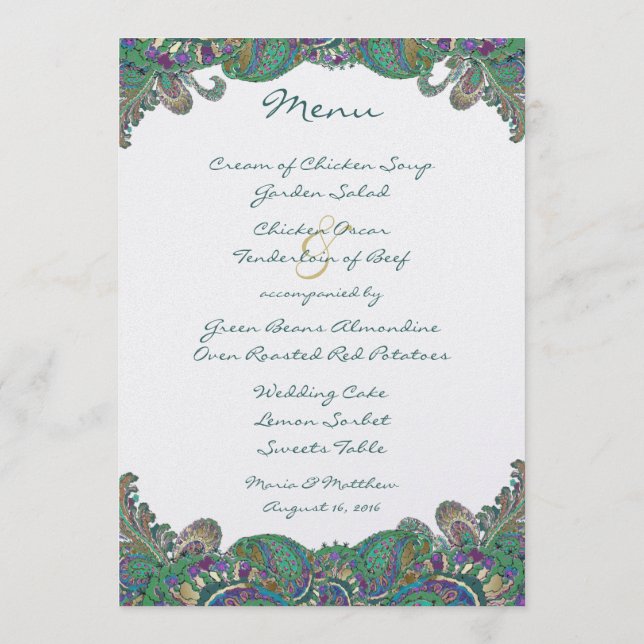 Elegant Monogram Paisley Påfågel Färger Bröllop Meny (Baksida)