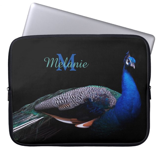 Elegant Monogram Peacock Black Laptop Fodral (Framsidan)