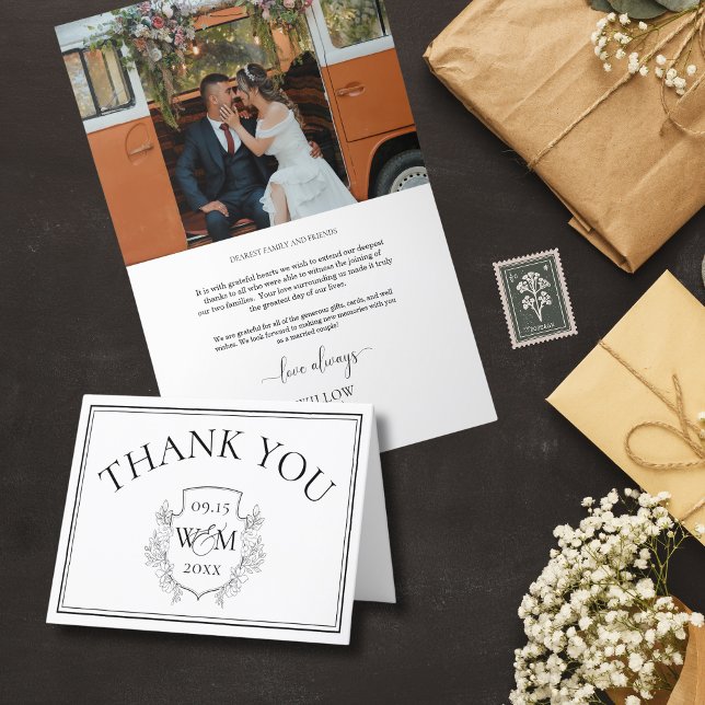 Elegant Monogram Photo Bröllop Tack Kort (Elegant Monogram Photo Wedding Folded Thank You Card)