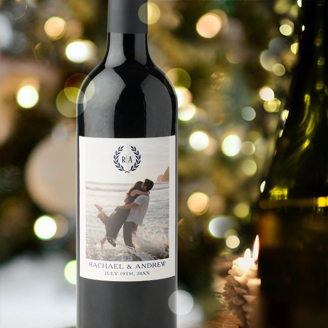 Elegant Monogram Photo Bröllop utandningsflotta Vinflaska Etikett (Skapare uppladdad)