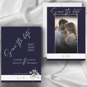 Elegant Monogram Photo Caligraphy Mörk Navy Spara Datumet