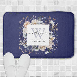 Elegant Monogram Pretty Beige Blue Flowers Floral Badrumsmatta