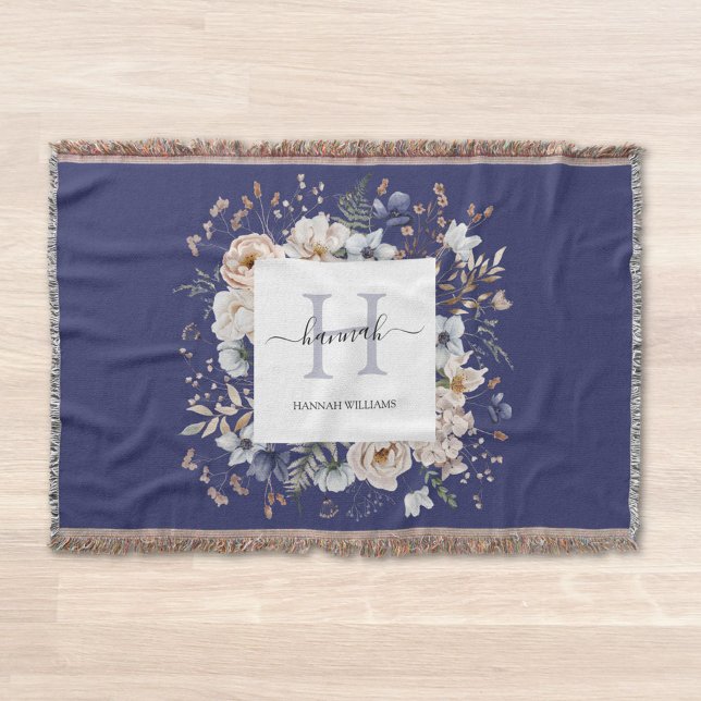 Elegant Monogram Pretty Beige Blue Flowers Floral Filt (In situ)