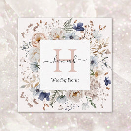 Elegant Monogram Pretty Beige Blue Flowers Floral Fyrkantigt Visitkort