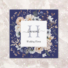 Elegant Monogram Pretty Beige Blue Flowers Floral Fyrkantigt Visitkort