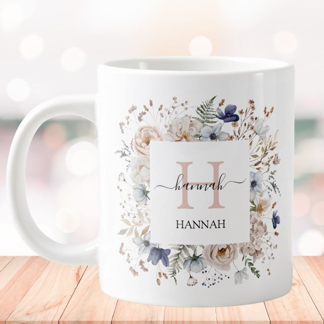 Elegant Monogram Pretty Beige Blue Flowers Floral Jumbo Mugg (In situ)