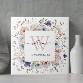 Elegant Monogram Pretty Beige Blue Flowers Floral Kakelplatta