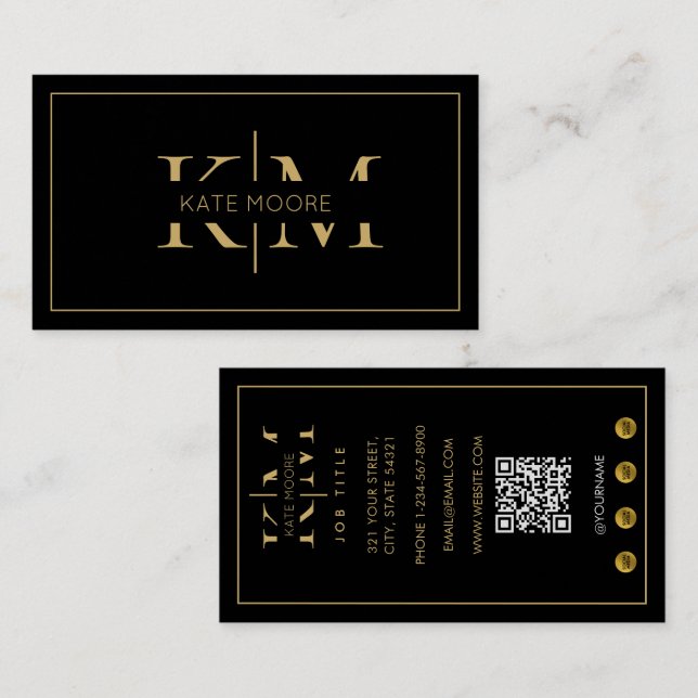 Elegant Monogram Professionell Svart Guld Marknads Visitkort (Fram/baksida)