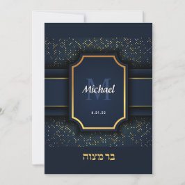 Elegant Monogram Pub Mitzvah Blue och Guld Inbjudningar