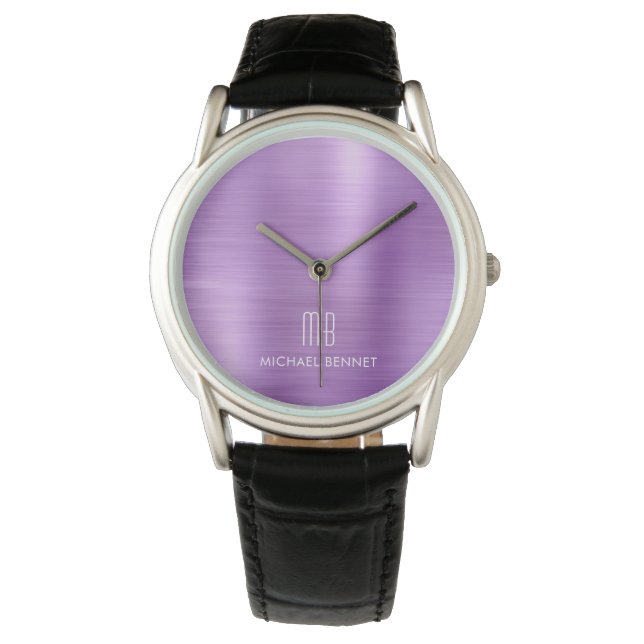 Elegant Monogram Purple Borstad Metallisk Armbandsur (Framsida)