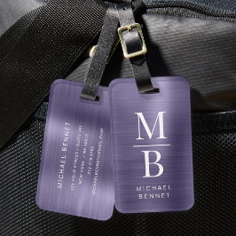 Elegant Monogram Purple Metallisk Borstad Bagagebricka