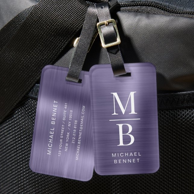 Elegant Monogram Purple Metallisk Borstad Bagagebricka (Elegant Monogrammed Purple Brushed Metallic Luggage Tag)