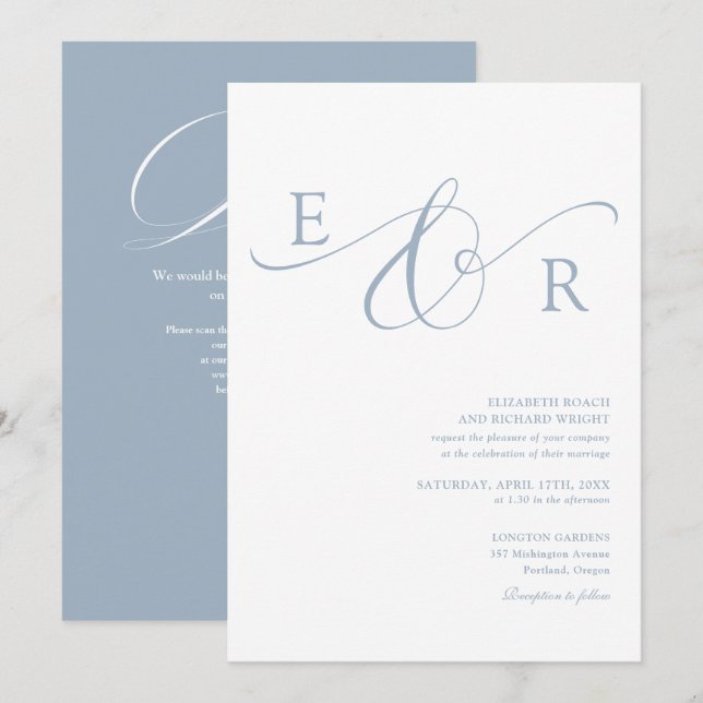 Elegant Monogram QR-kod Dusty Blue Bröllop Inbjudningar (Fram/baksida)