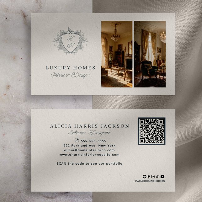 Elegant monogram QR-kod inredningsdesigner Visitkort (Skapare uppladdad)