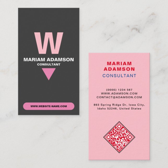 Elegant (Monogram QR-kod) Rosa & Mattsvart Visitkort (Fram/baksida)