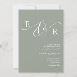 Elegant Monogram QR-kod Sälggrön Bröllopsinbjudan Inbjudningar