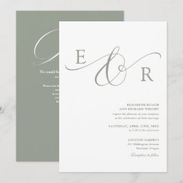 Elegant Monogram QR-kod Sälggrön Bröllopsinbjudan Inbjudningar