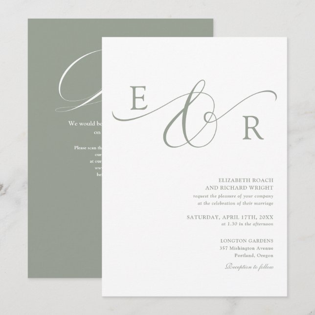 Elegant Monogram QR-kod Sälggrön Bröllopsinbjudan Inbjudningar (Fram/baksida)