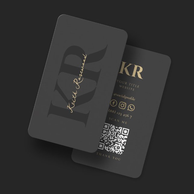 Elegant Monogram QR Professionell Mörk Grått Visitkort (Skapare uppladdad)