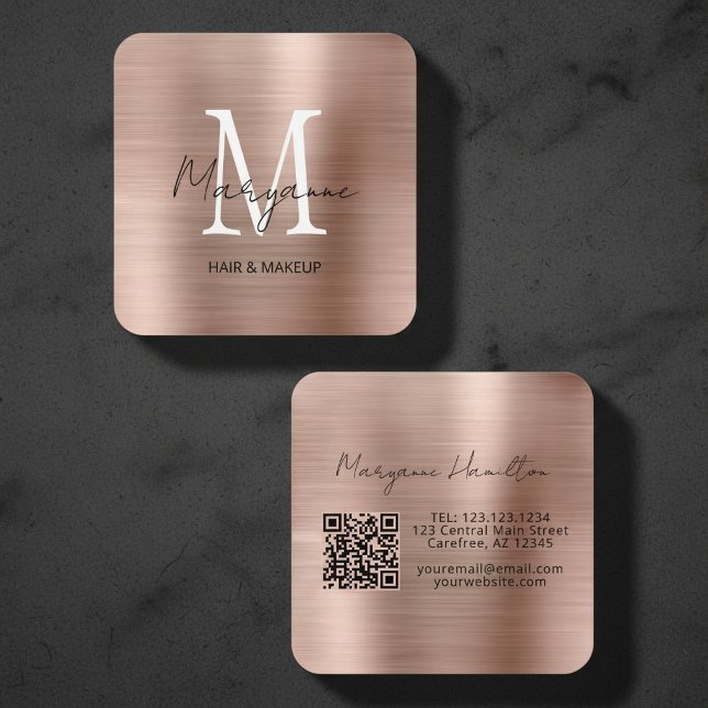 Elegant Monogram QR Rosabränd Rosa Fyrkantigt Visitkort (Skapare uppladdad)
