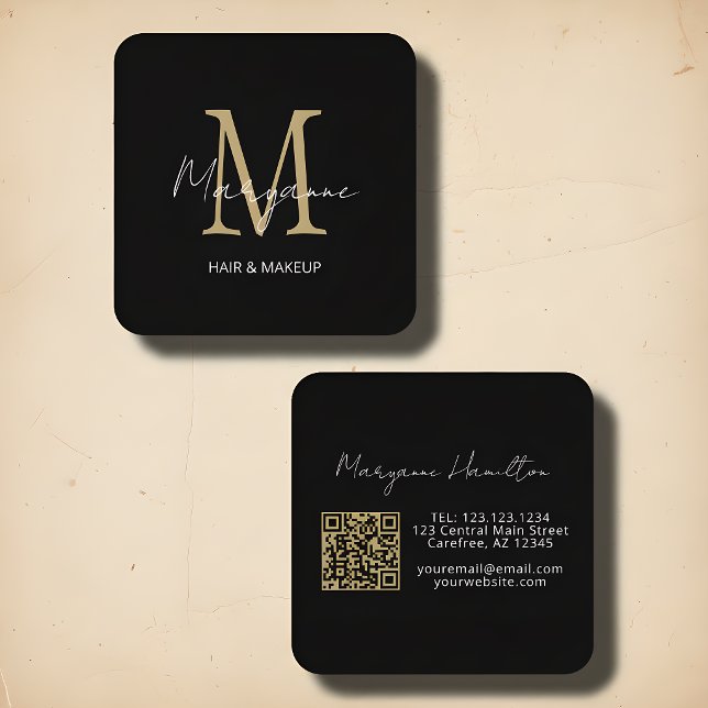 Elegant Monogram QR Svart Guld Fyrkantigt Visitkort (Skapare uppladdad)