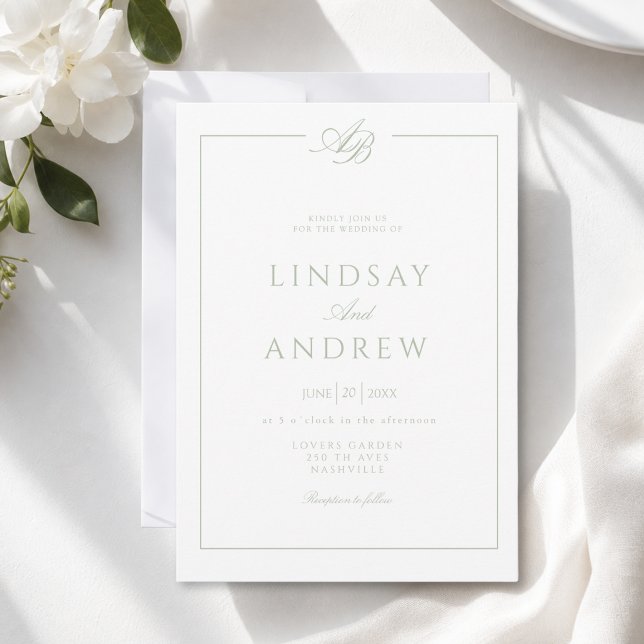 Elegant Monogram Ram Bröllop Vit Grön Inbjudningar (Elegant Monogram Border White Green Wedding Invitation)