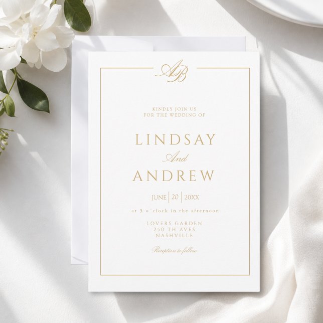 Elegant Monogram Ram Bröllop Vit Inbjudningar (Elegant Monogram Border White Wedding Invitation)