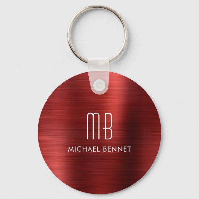Elegant Monogram Red Faux Brushed Metall Keychain Nyckelring (Framsida)