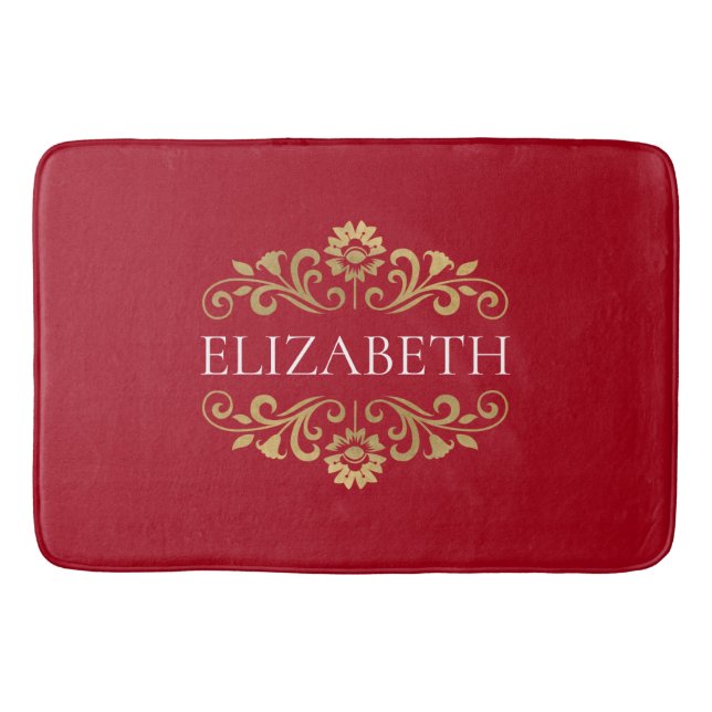 Elegant Monogram Red Guld Bath Mat Badrumsmatta (Framsidan)