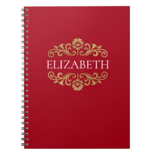 Elegant Monogram Red Guld Flourish Photo Anteckningsbok