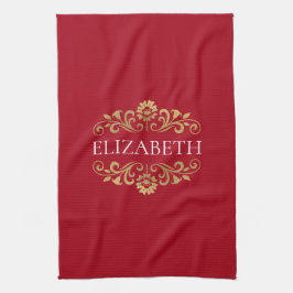 Elegant Monogram Red Guld-kök Towel Kökshandduk