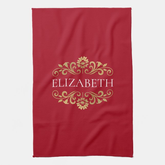 Elegant Monogram Red Guld-kök Towel Kökshandduk (Vertikal)