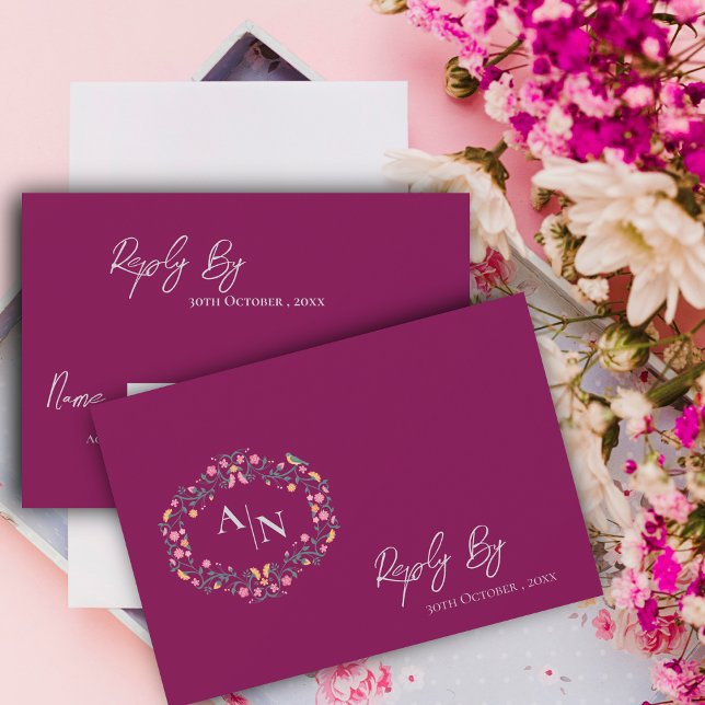 Elegant Monogram Red Intricate Blommigt Bröllop OSA Kort (Elegant Monogram Red Intricate Floral Wedding RSVP Card)