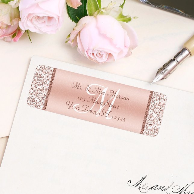 Elegant Monogram Ro Guld Damask Wedding Returadress Etikett (Skapare uppladdad)