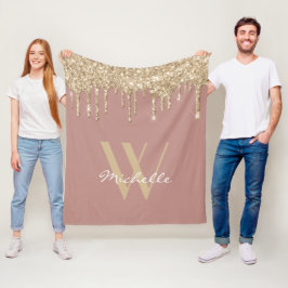 Elegant Monogram Ro Guld Dripping Glitter Namn Fleecefilt