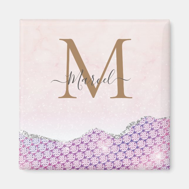 Elegant Monogram Ro rosa Glitter Magnet (Framsidan)