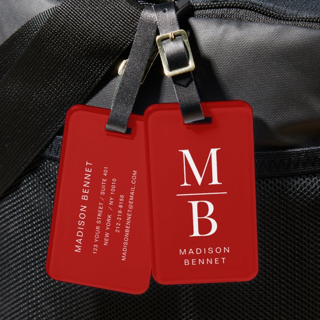 Elegant Monogram röd och vit Bagagebricka (Elegant Monogram Red And White Luggage Tag)
