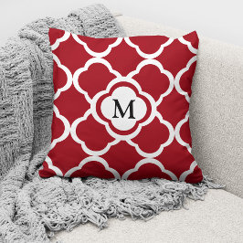 Elegant Monogram Röd Quatrefoil Mönster Kudde